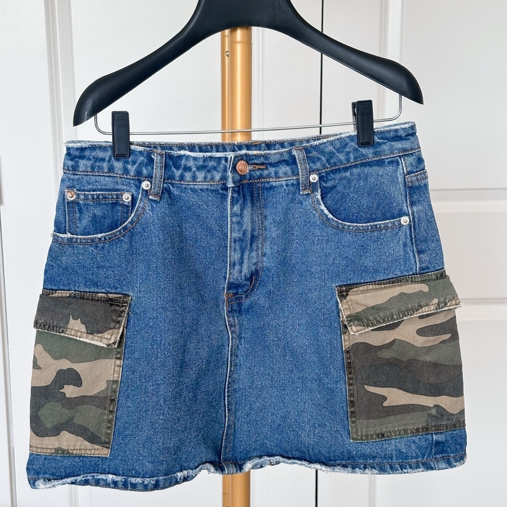 Signature Blue Denim Mini Skirt with Camouflage Pockets